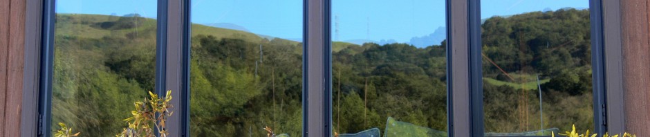 Orinda hills reflected in Sunday School windows
